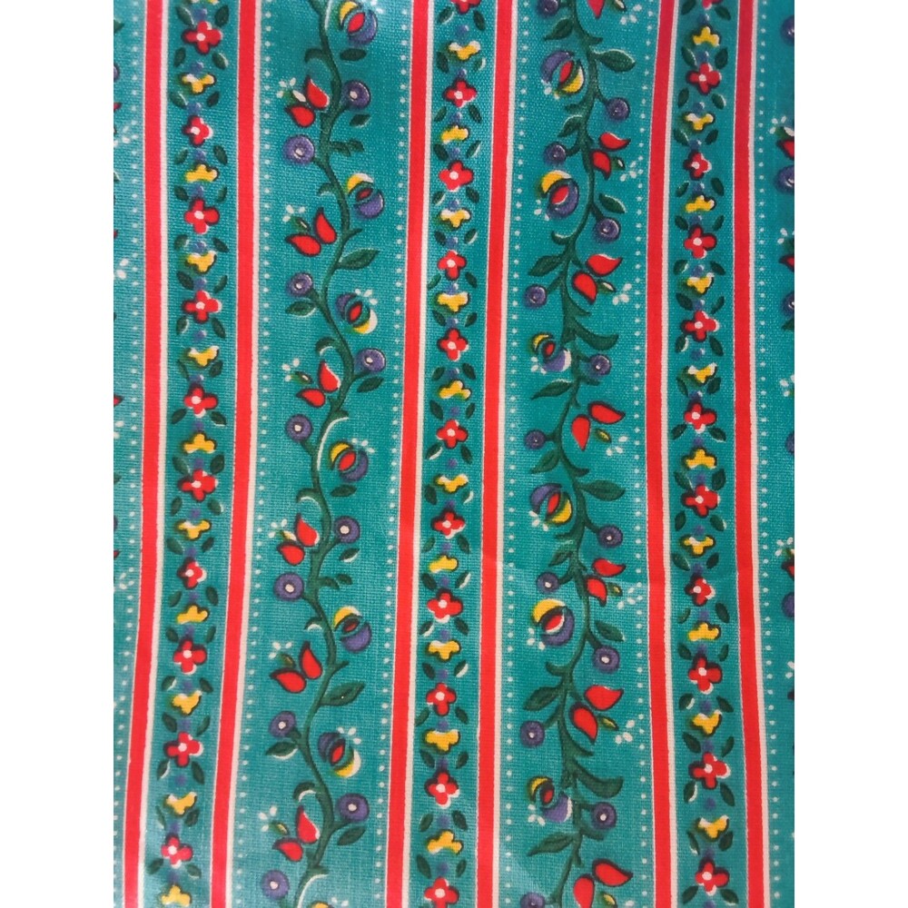 VTG Cotton Fabric Stripe Floral Tourquoise Blue Red 112x58 3.11yds Uncut Novtex?
